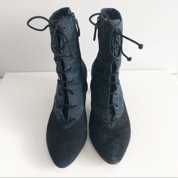 Tory Burch Cassidy Black and Blue Suede Floral Embroidered Lace Up Booties 8.5 - Picture 6 of 16